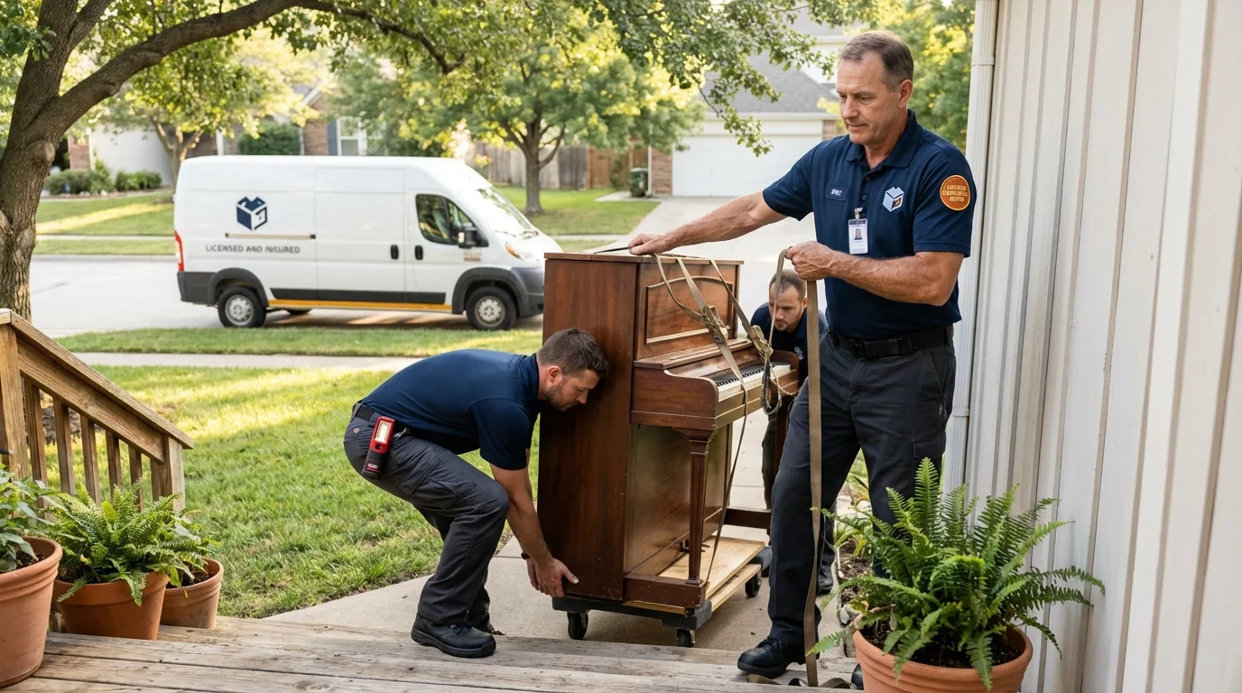 Licensed piano movers securing grand piano in Steubenville, OH