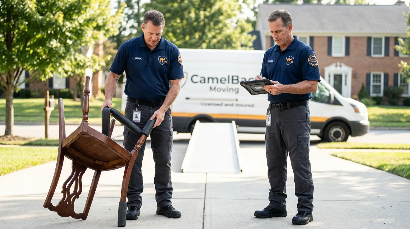 Movers inspecting furniture for damage prevention before loading in Steubenville, OH