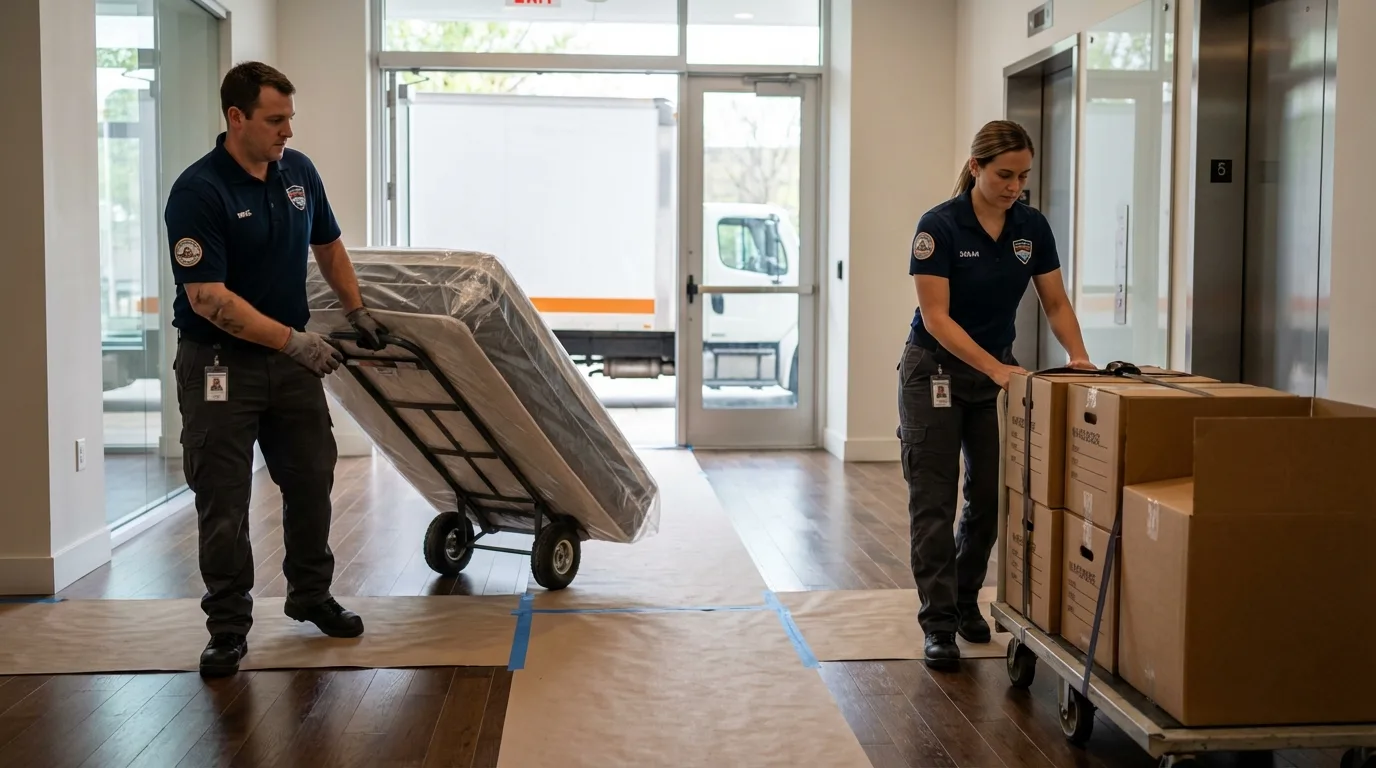 Professional apartment movers loading elevator in Steubenville, OH